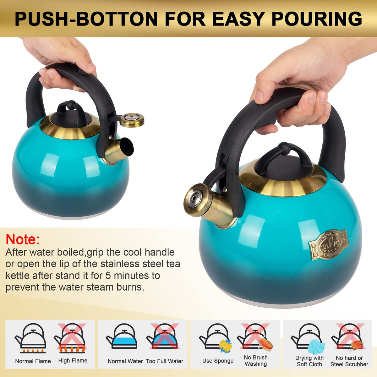 LUXGRACE kettle induction-compatible base fits multiple stoves.
