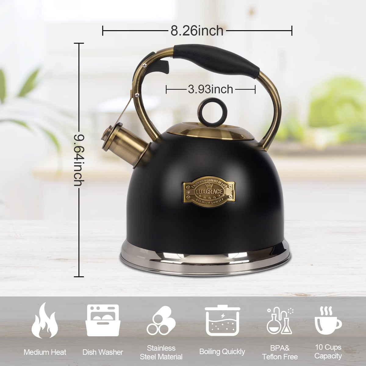 LUXGRACE tea kettle induction-compatible design fits multiple stovetops.