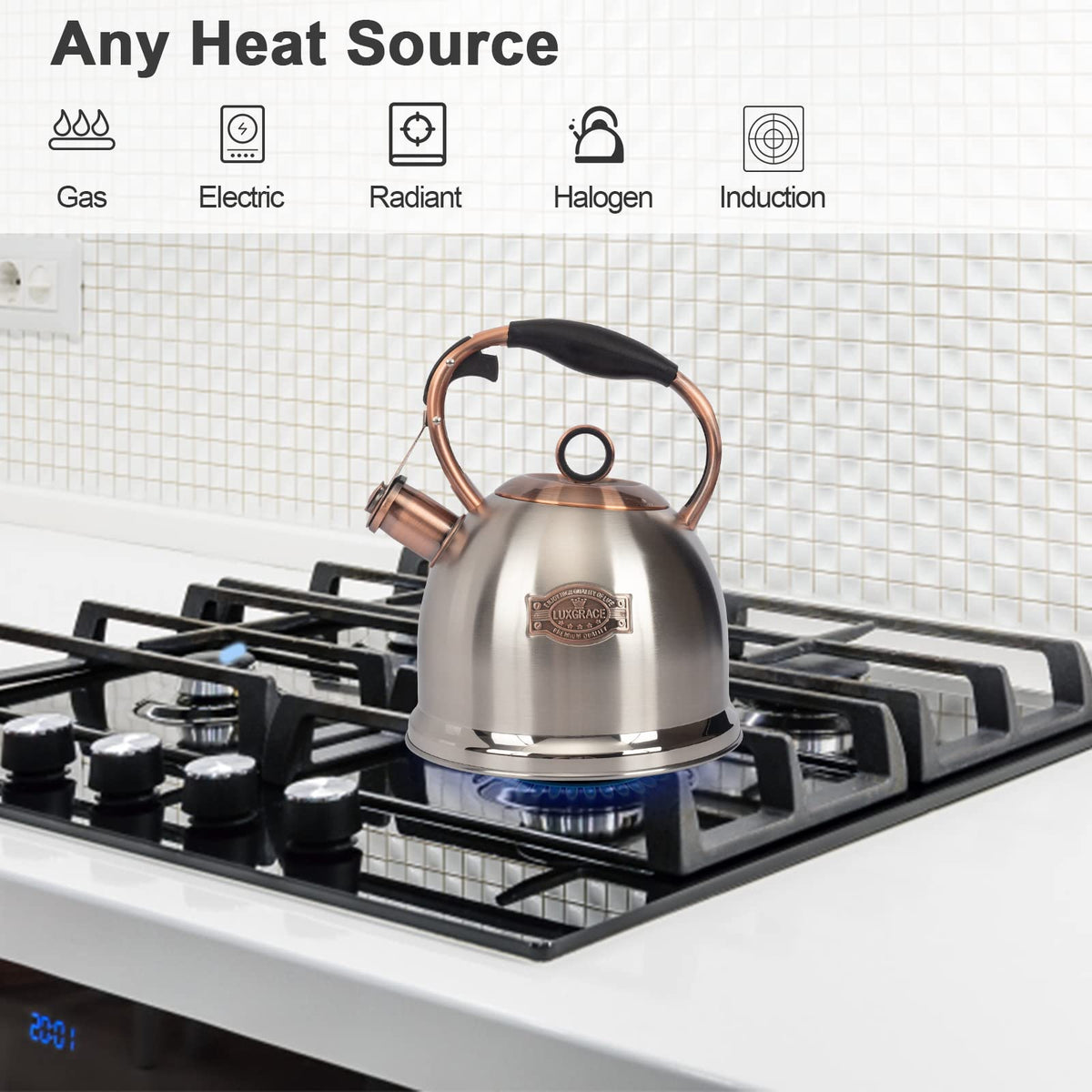 LUXGRACE stovetop kettle lid whistle signals boiling water clearly.