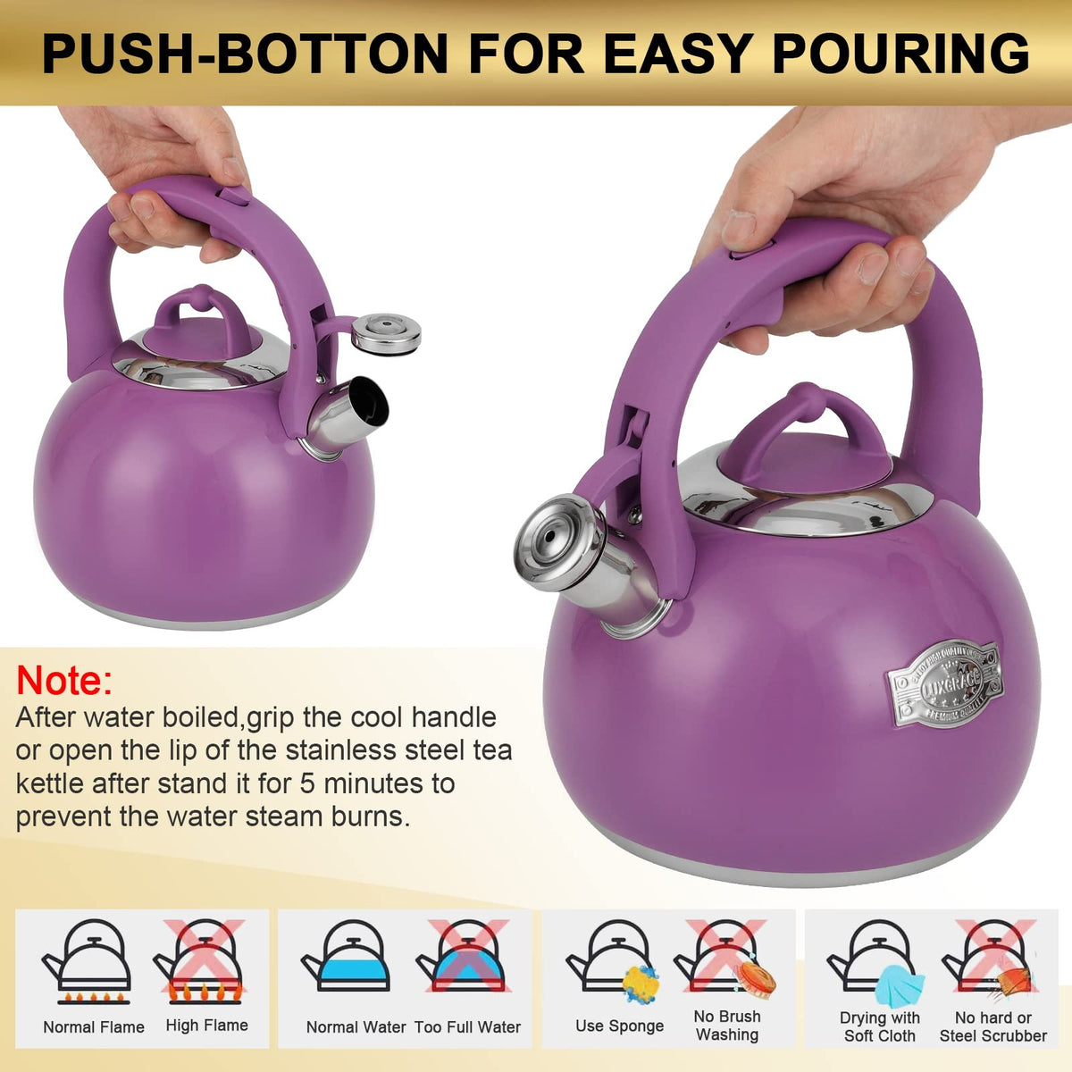 LUXGRACE tea kettle features one-hand trigger for easy pouring.