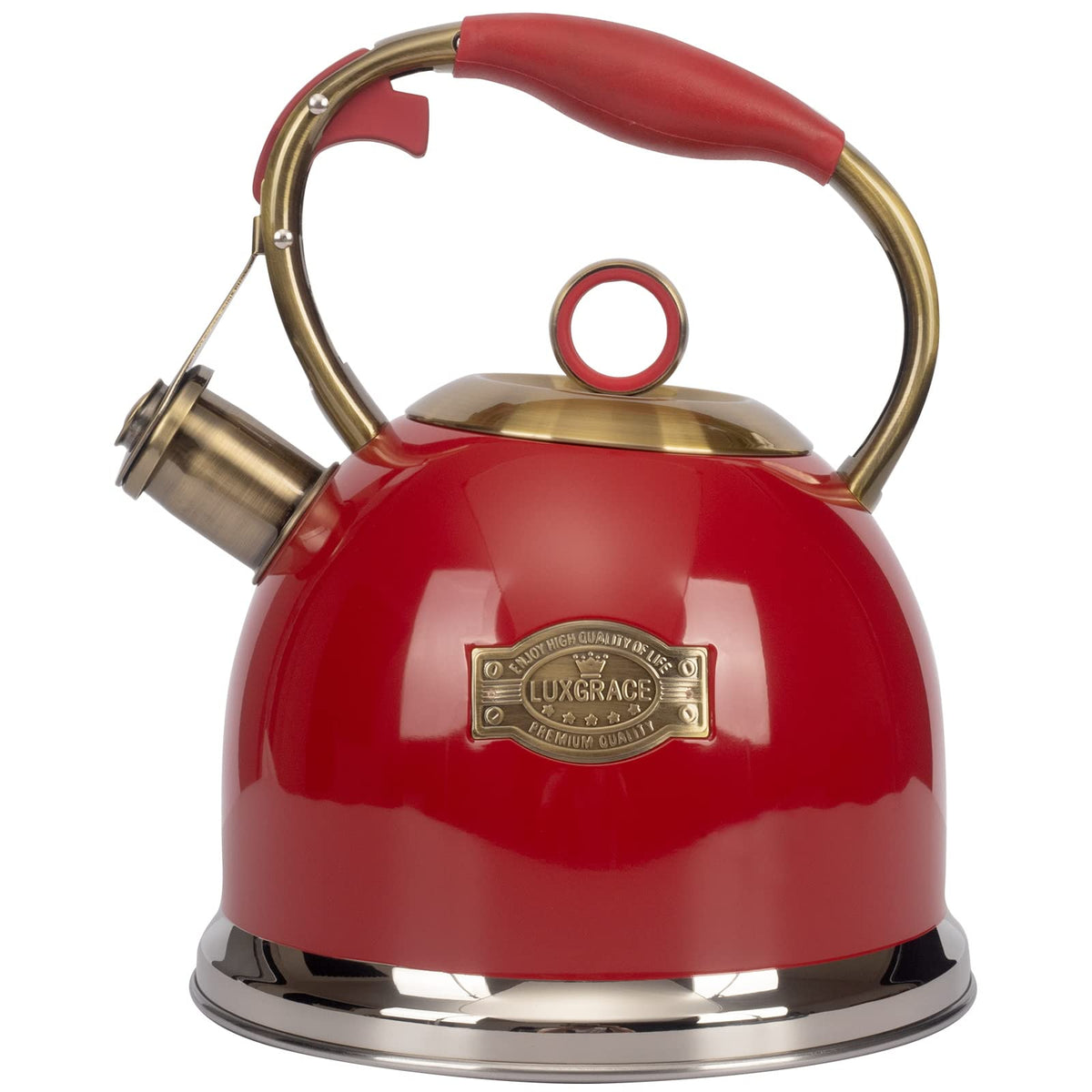 LUXGRACE tea kettle red on stove in action for quick, effortless pouring