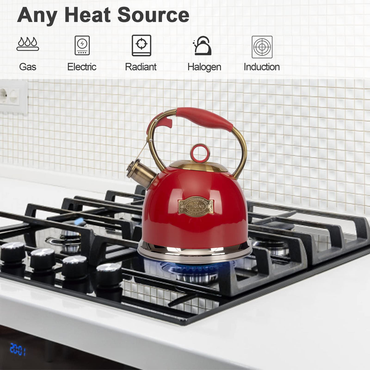 LUXGRACE tea kettle with stainless steel body for durable, long-lasting heating