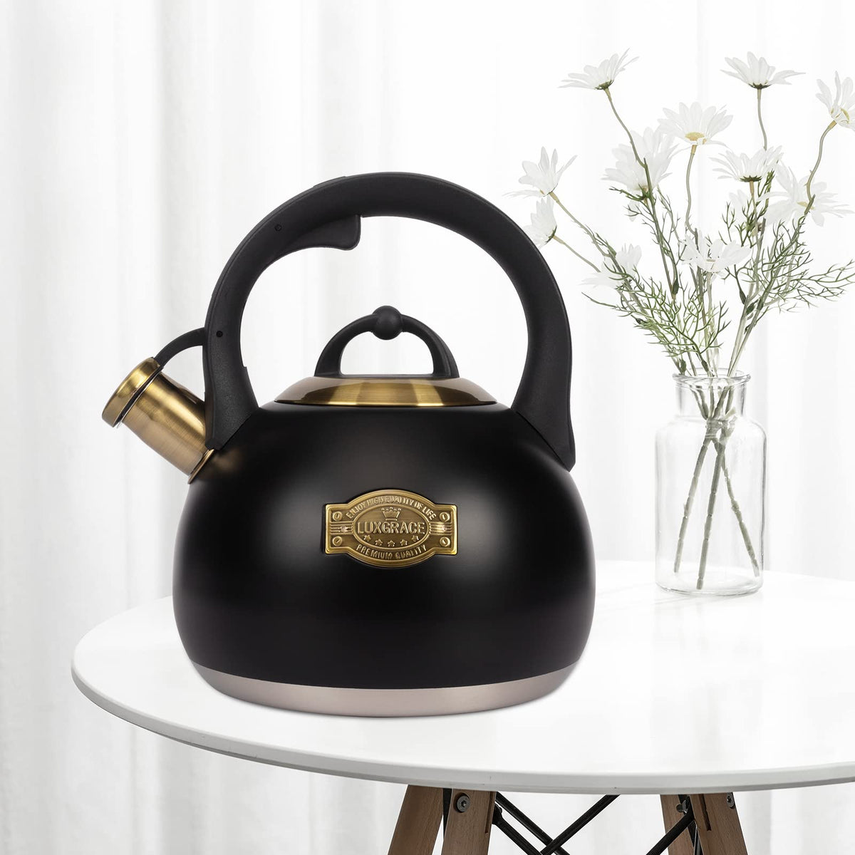 LuxGrace tea kettle whistle sounds when water boils for alerts.