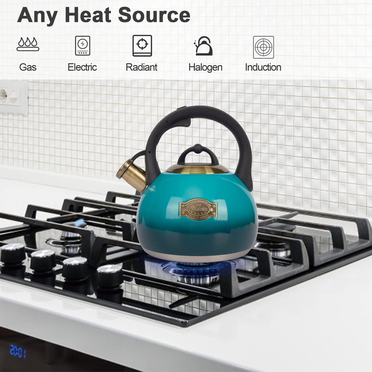 LUXGRACE tea kettle whistles loudly signaling boiling.