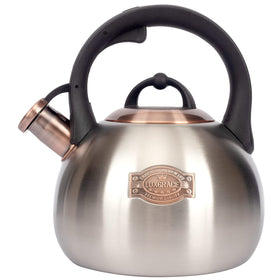 LUXGRACE tea kettle body shows durable stainless steel for even heat distribution.