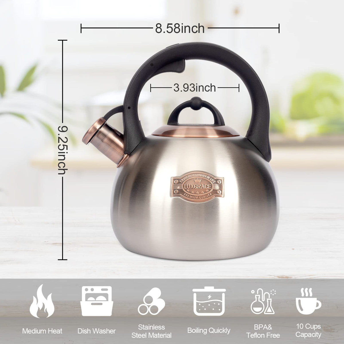 LUXGRACE tea kettle bottom shows 5-layer base for even heat and durability.