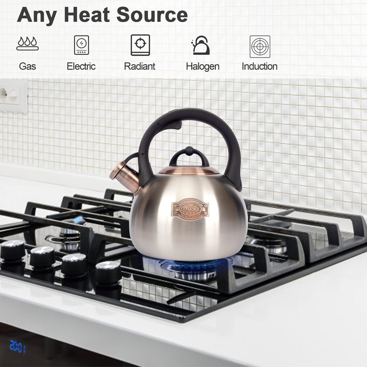 LUXGRACE tea kettle lid emphasizes tight seal for rapid heating and reduced steam loss.