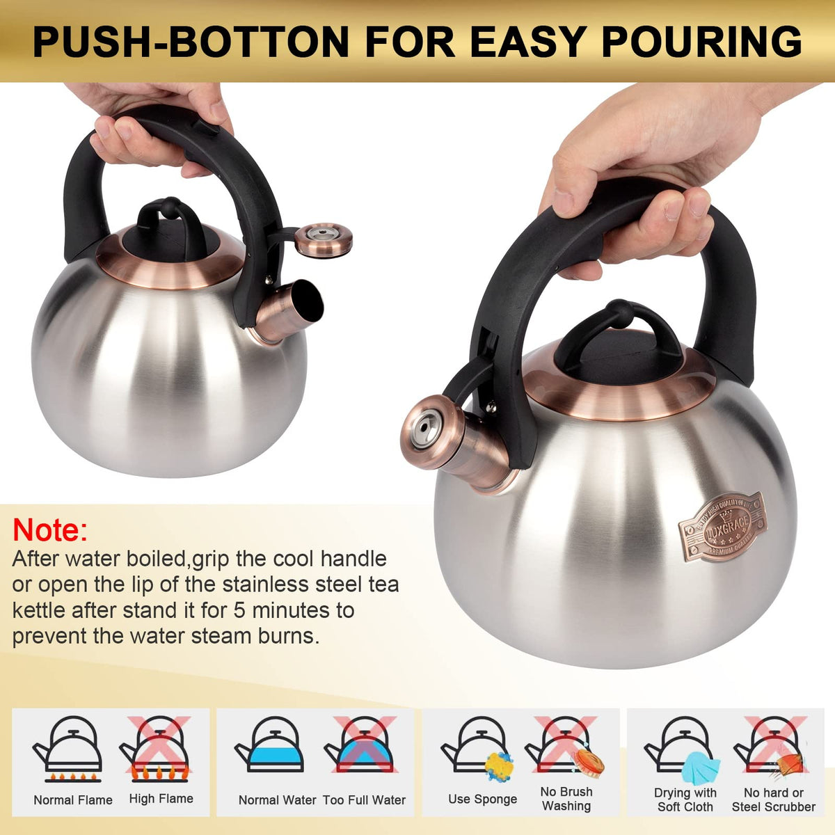 LUXGRACE tea kettle steam whistle signals boil without constant monitoring.