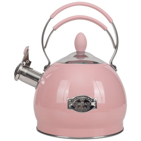 Luxgrace whistling tea kettle front view on stove, rapid boiling for mornings.