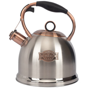 LUXGRACE whistling tea kettle in polished stainless steel for fast, even heating.