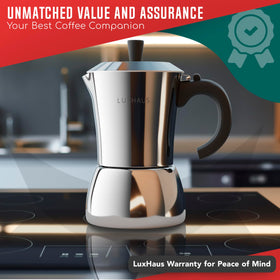 LuxHaus Moka Pot in-use cafe-kitchen setup delivers café-style espresso