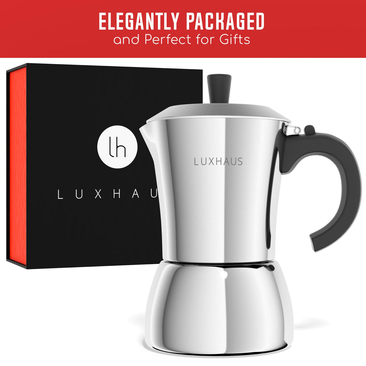 LuxHaus Moka Pot stainless-steel-shine enhances durability and kitchen aesthetics