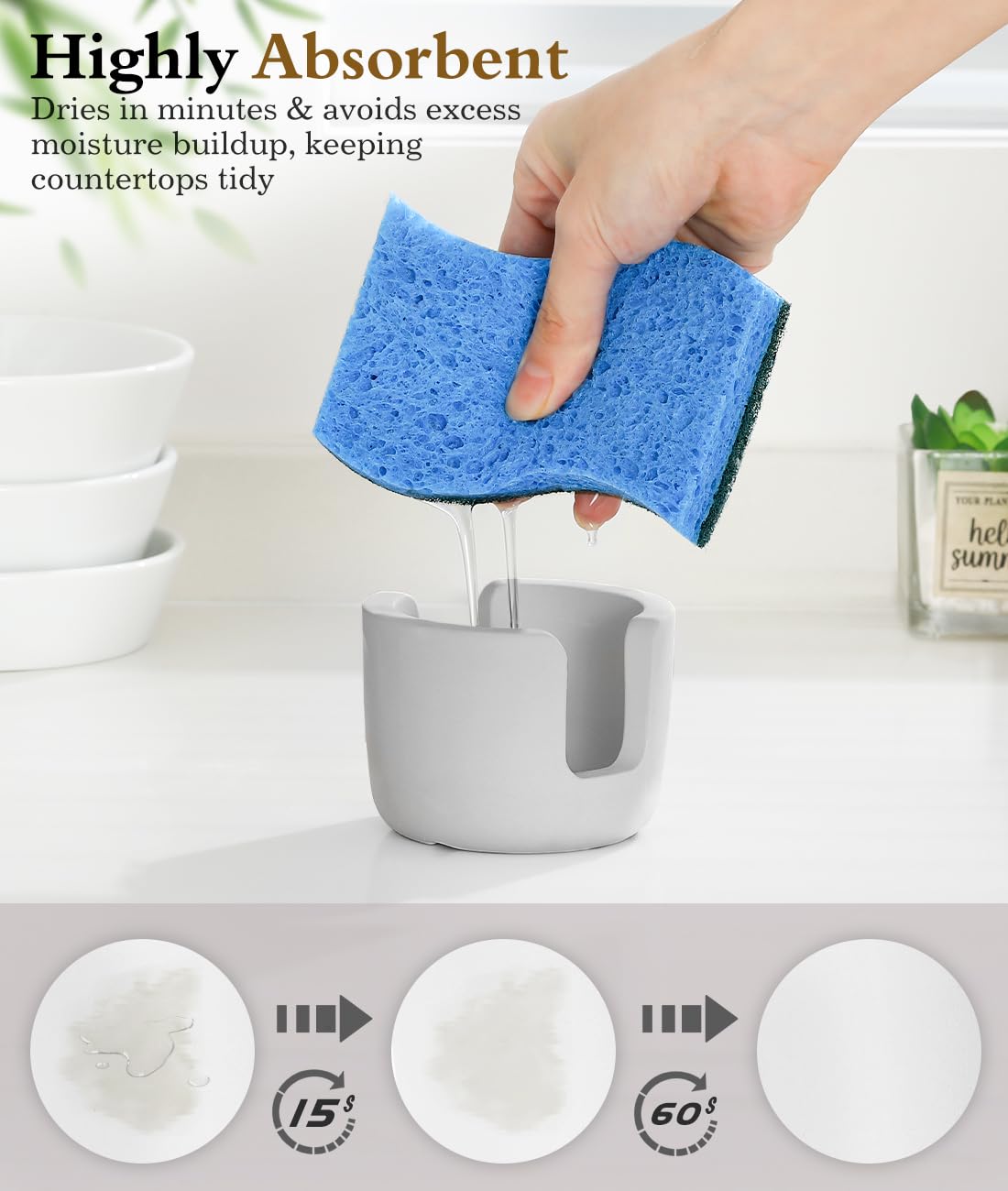 Luxspire sponge holder with drying effect demonstrates fast moisture absorption for a towel-free counter.