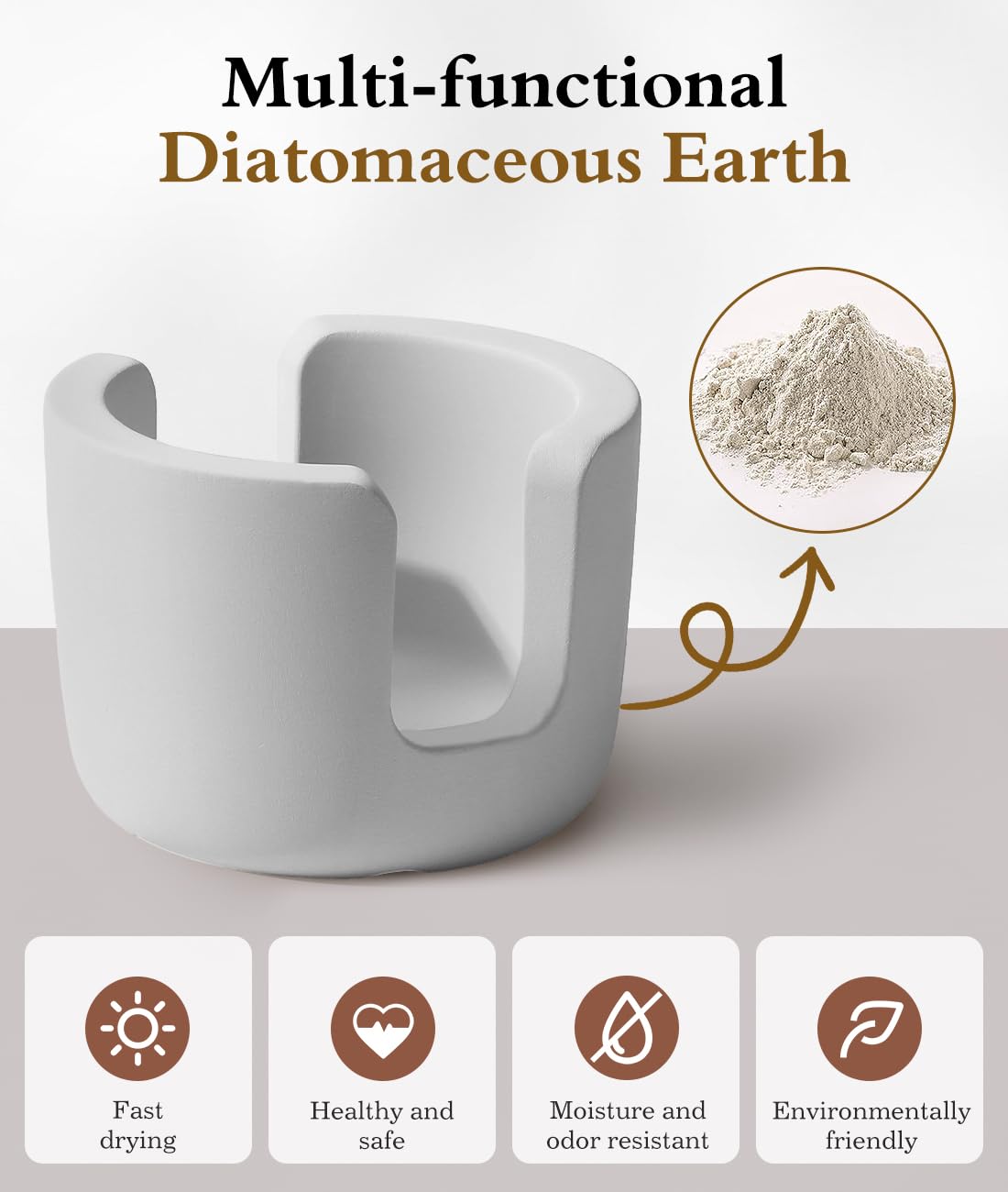 Luxspire diatomite holder highlights open-hole design for quick drainage and airflow.