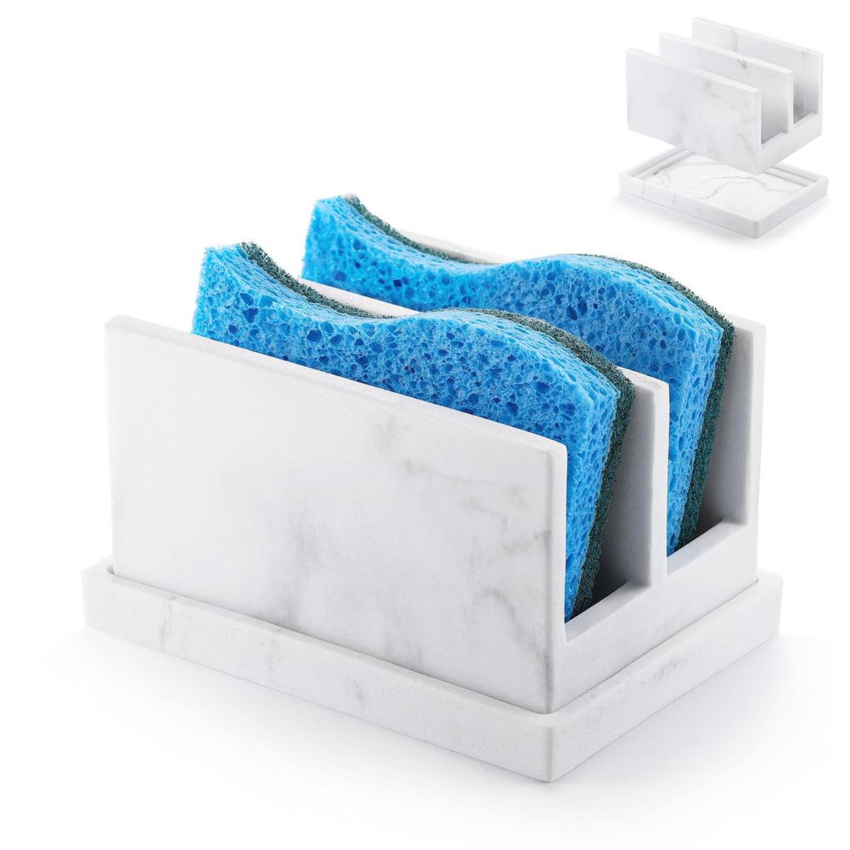 Luxspire kitchen sponge holder with drain tray showing dual compartments for sponges