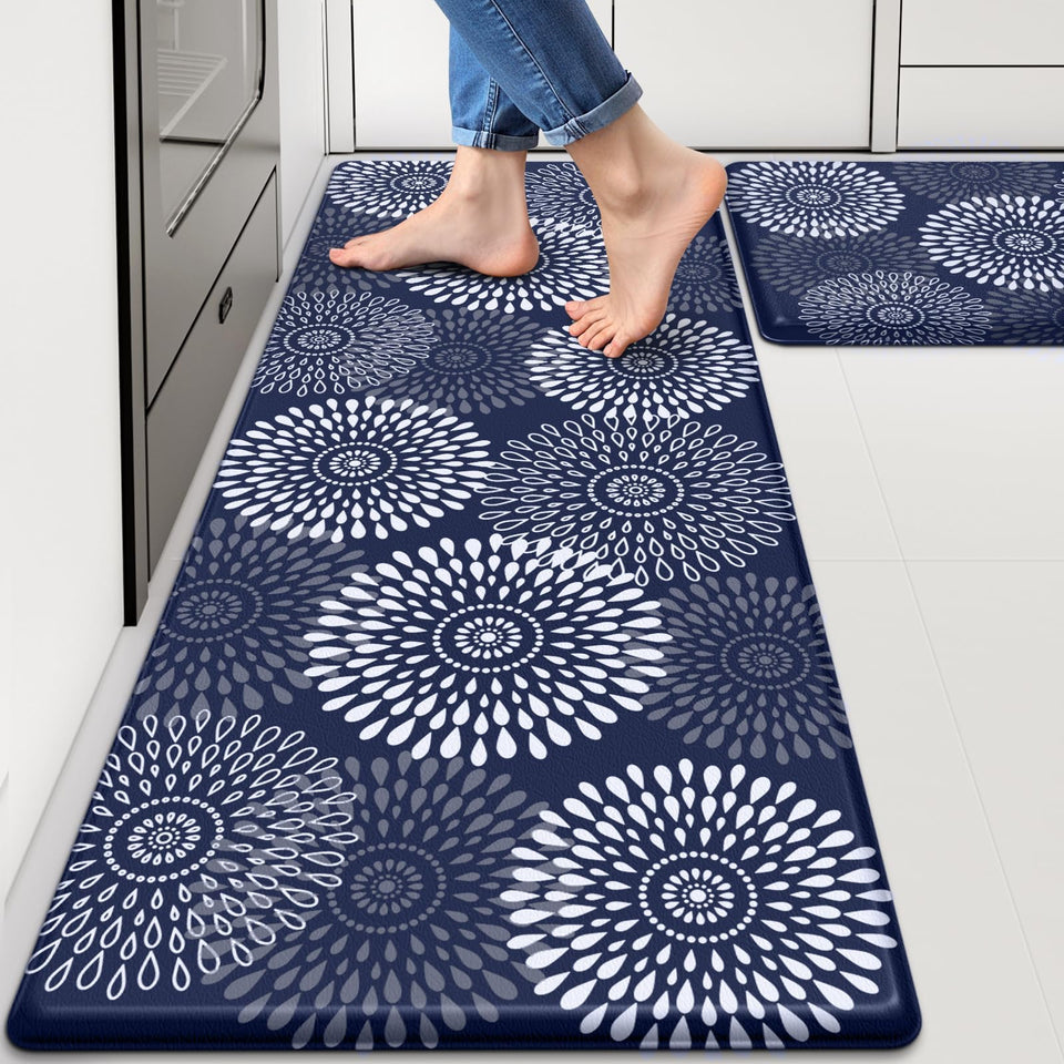 LuxStep anti-fatigue blue kitchen mat provides comfortable standing at the prep area