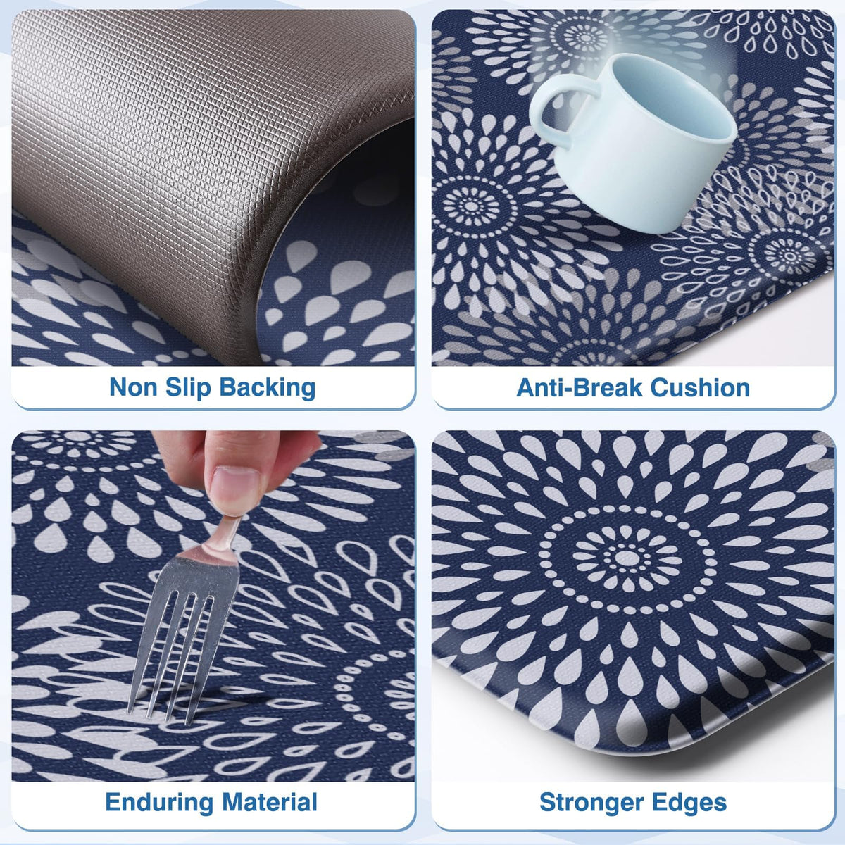 LuxStep blue kitchen mat works on tile, wood, and ceramic surfaces