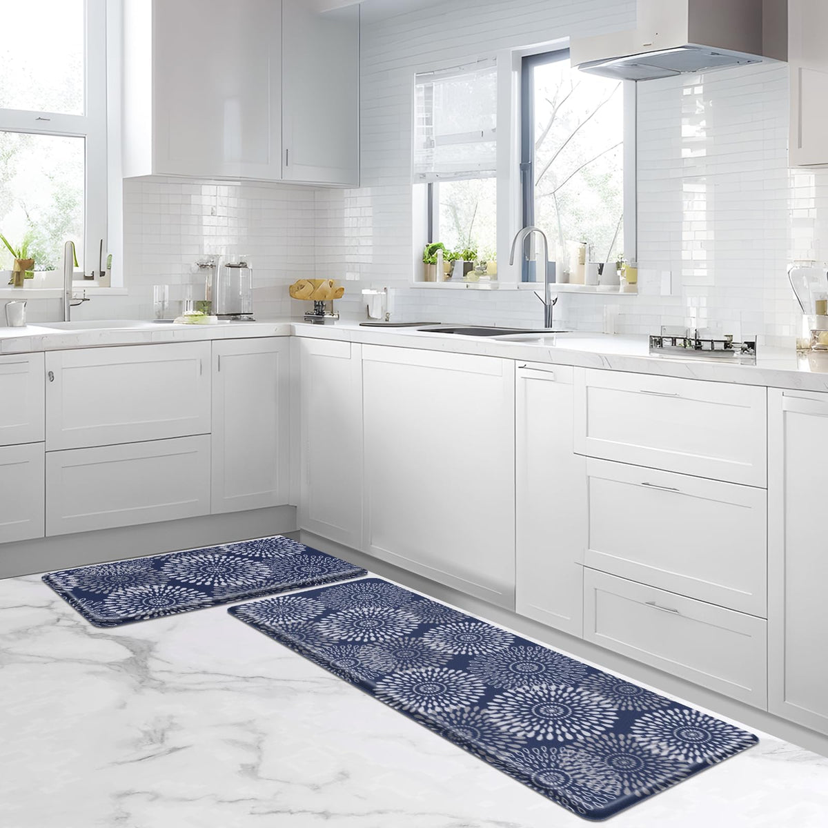 LuxStep washable blue kitchen mat cleans easily with a damp cloth