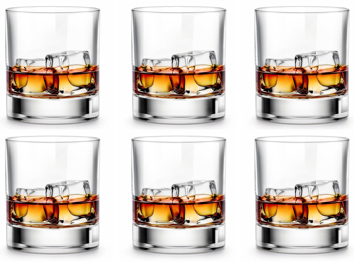 LUXU 11oz whiskey glasses set of 6 with rock-style design for whiskey and bourbon.