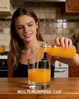 LUXU whiskey glass held with ice cube demonstrating comfortable grip.