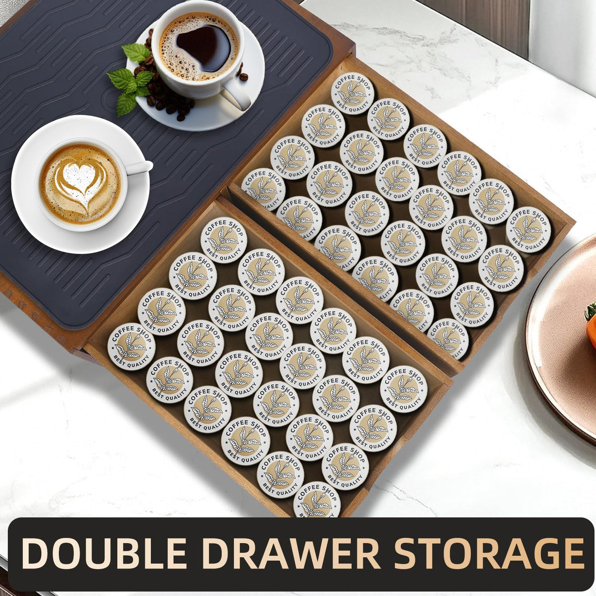 Lveesto countertop setup demonstrates space-saving K-Cup organization.