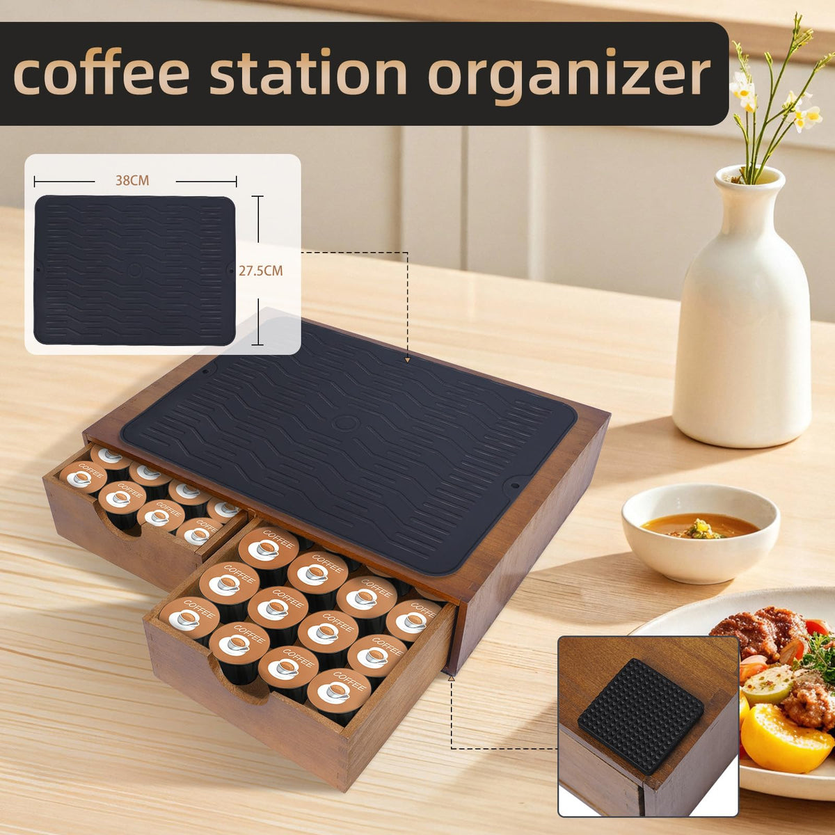 Lveesto wooden pod drawer open interior showing ample pod storage.