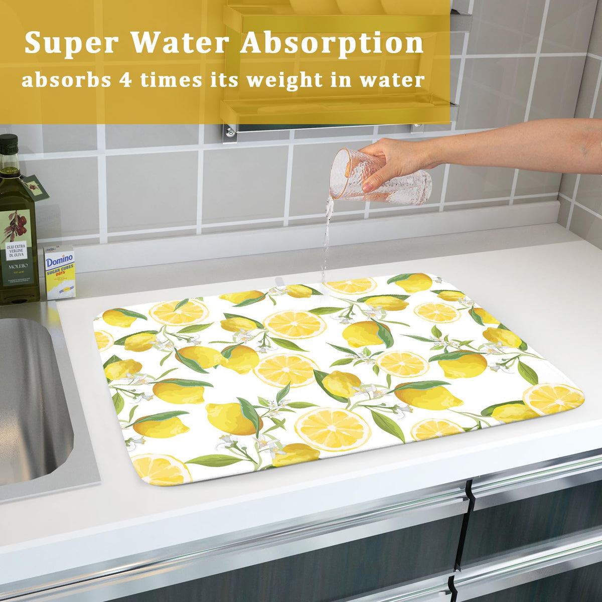 Lvhompro Lemon Dish Drying Mat 18x24 inch size suited for a full dish setup