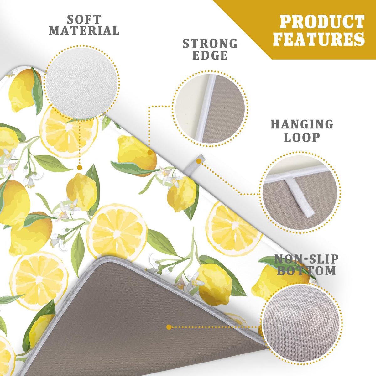 Lvhompro Lemon Dish Drying Mat under a dish rack catches drips