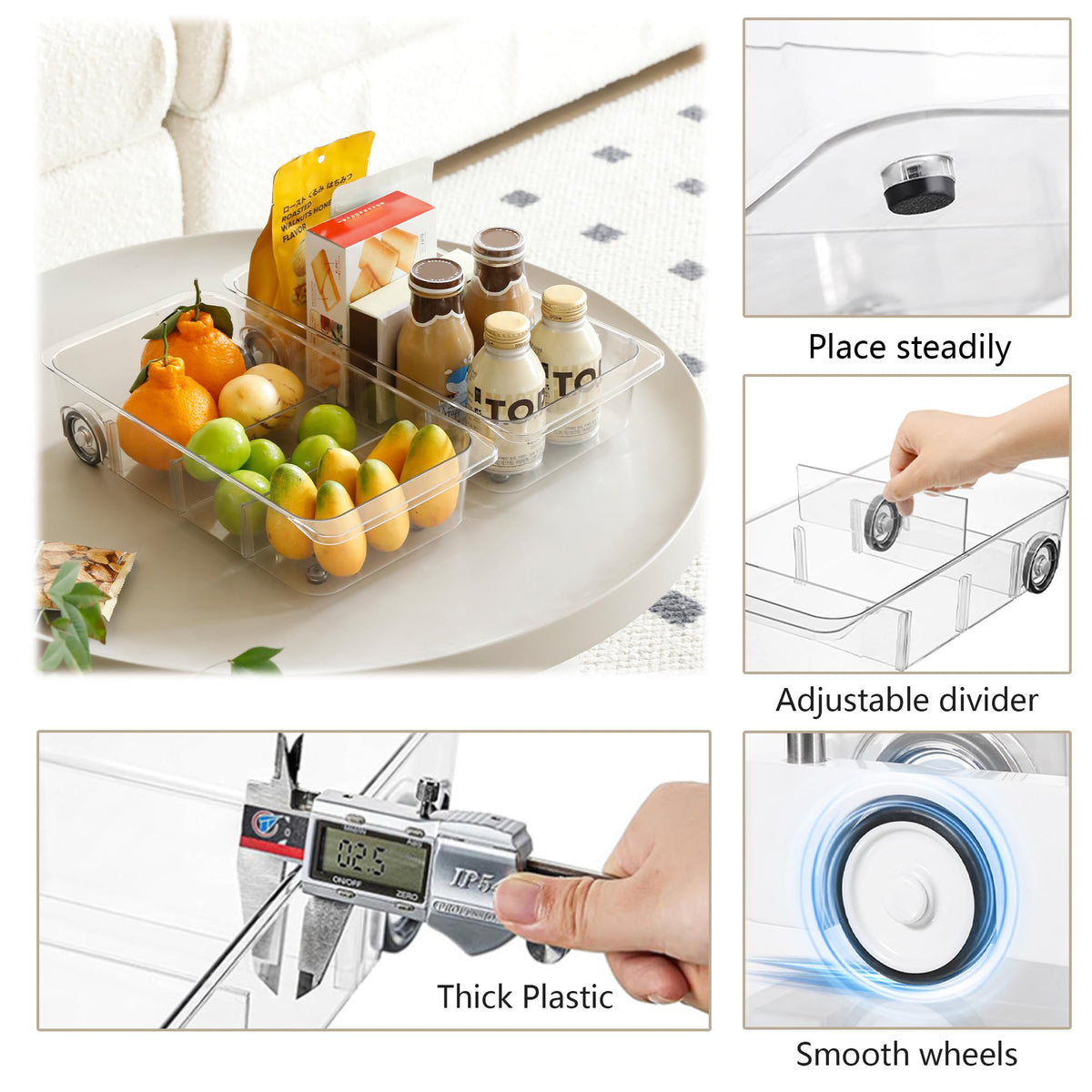 LXLXXL adjustable dividers create custom compartments for snacks and produce.