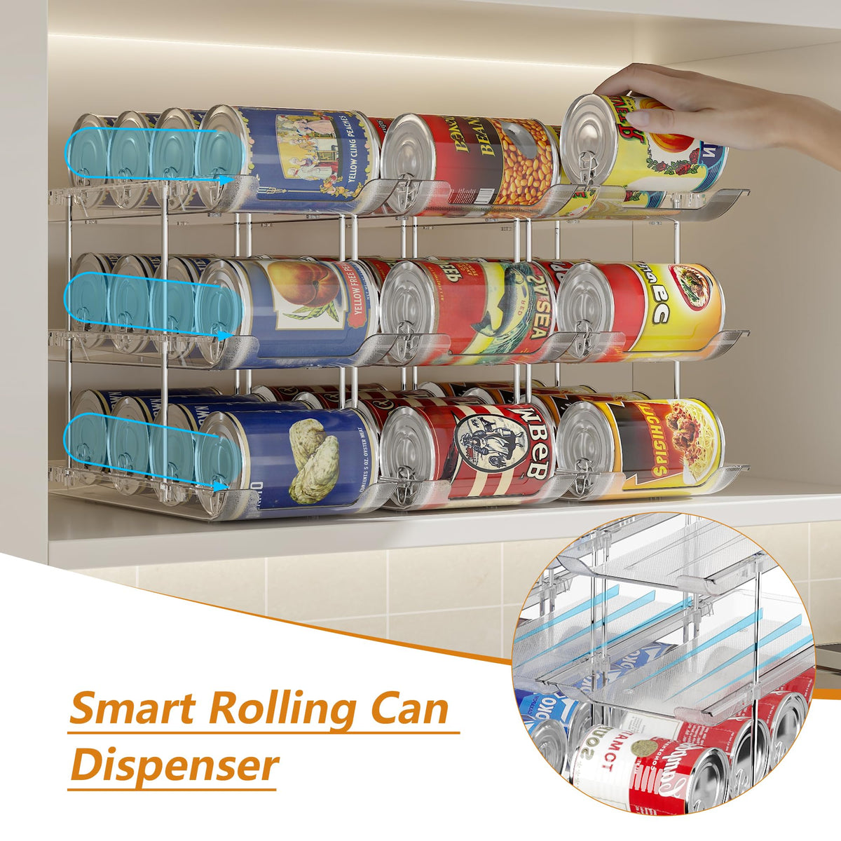 LXLXXL Can Organizer anti-spill top guard prevents spills during reach.