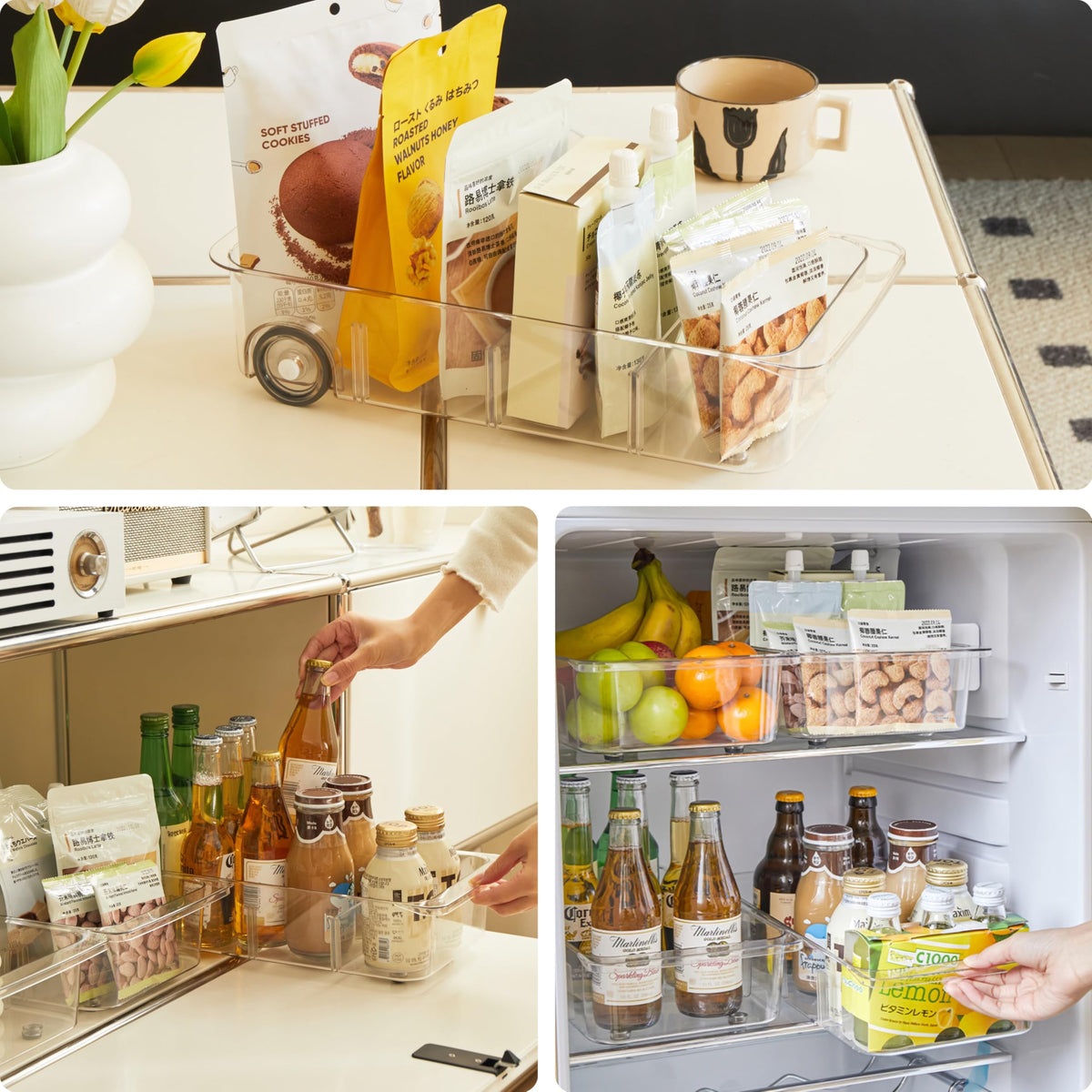 LXLXXL fridge organizer bins multi-use storage for pantry, cabinets, and countertops