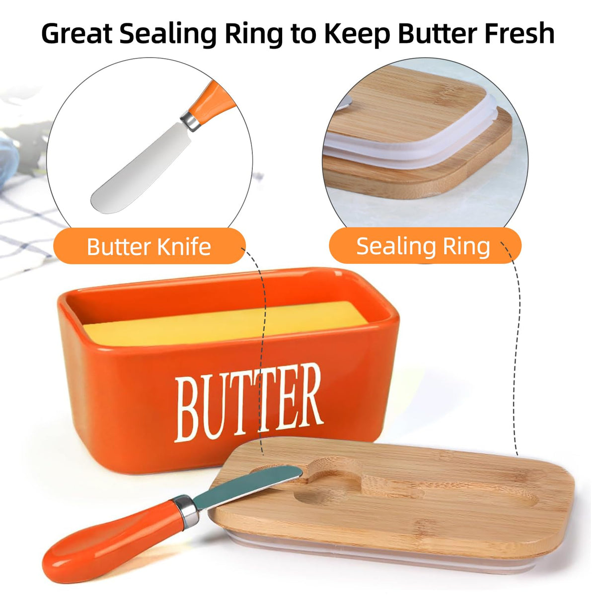 Lxmons bamboo lid sealing ring close-up keeps butter fresh.