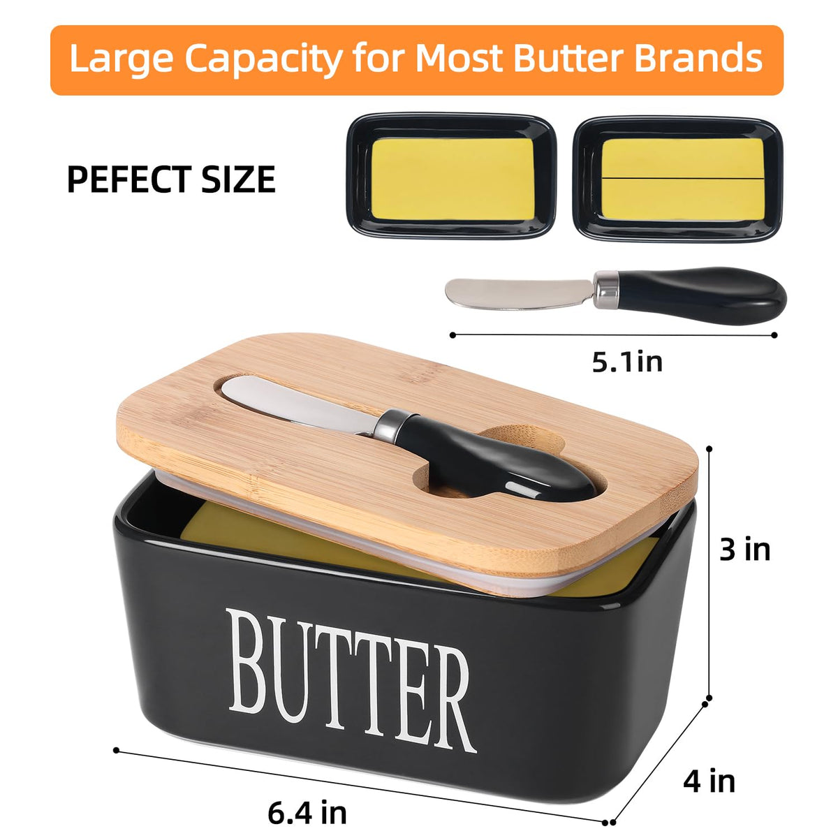 Lxmons black butter dish overview showcases versatile storage and cutting-board lid.