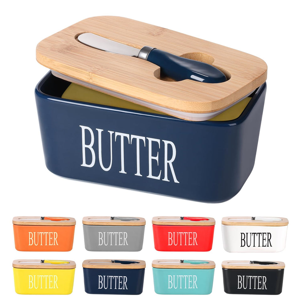 Lxmons ceramic blue butter dish with large capacity keeps two sticks readily accessible on the counter.