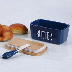 Lxmons blue butter keeper adds a decorative touch to countertops and tables.