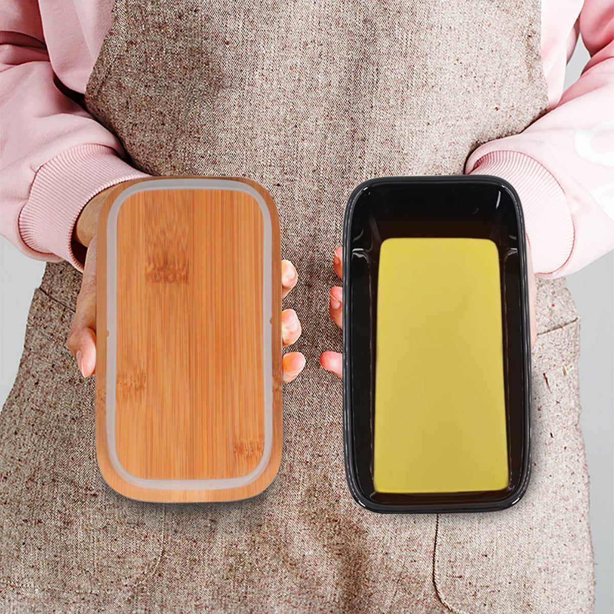 Lxmons butter dish on kitchen counter blends farmhouse style with everyday practicality.