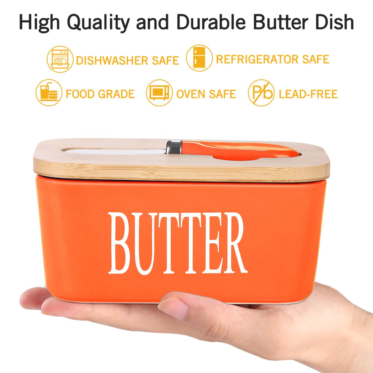 Lxmons butter dish with stainless knife spreader for easy serving.