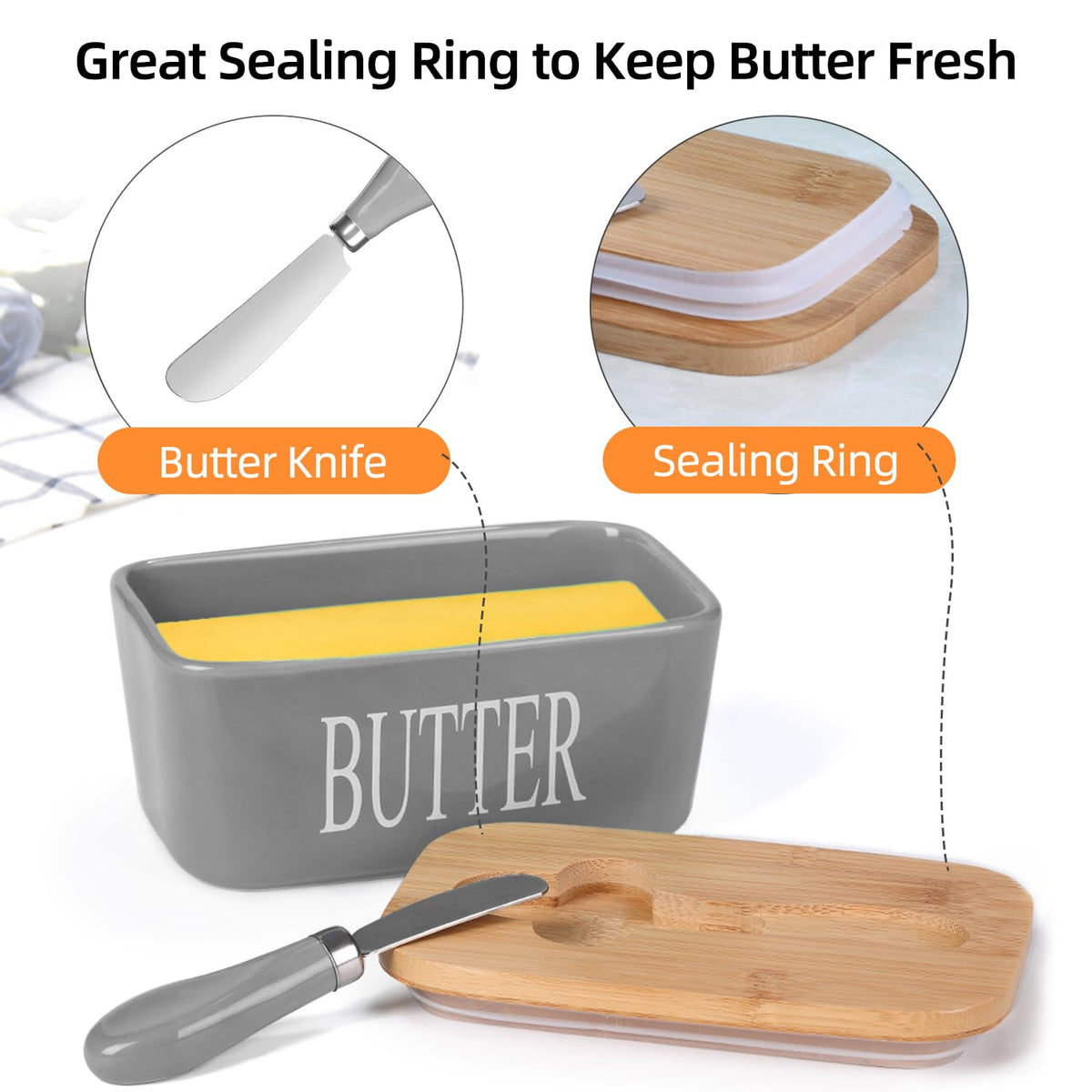 Lxmons butter dish with stainless steel knife spreader for easy use.
