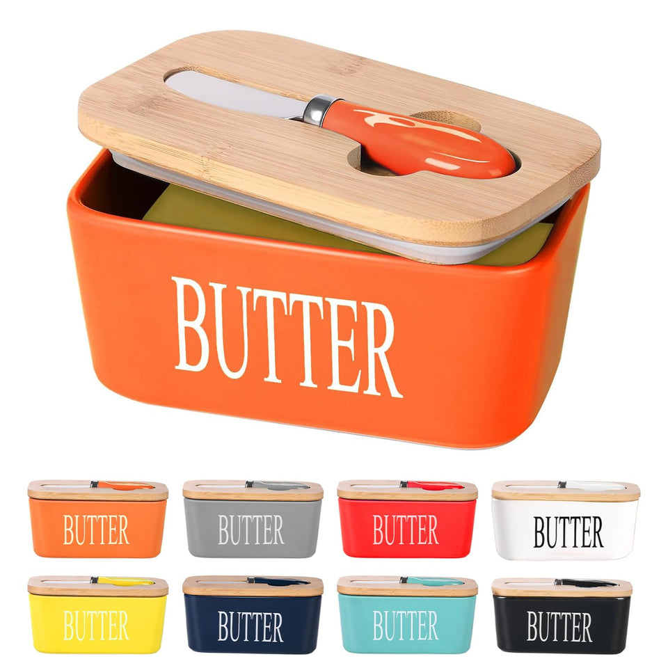 Lxmons butter dish with bamboo lid on counter, showcasing large capacity.