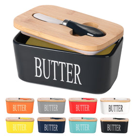 Lxmons ceramic butter dish with bamboo lid, stylish storage for two sticks on the counter.