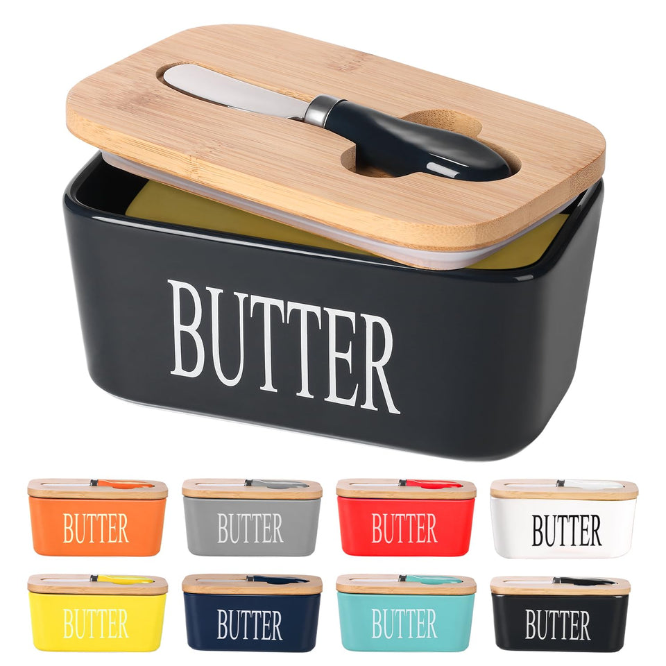 Lxmons ceramic butter dish with bamboo lid, stylish storage for two sticks on the counter.