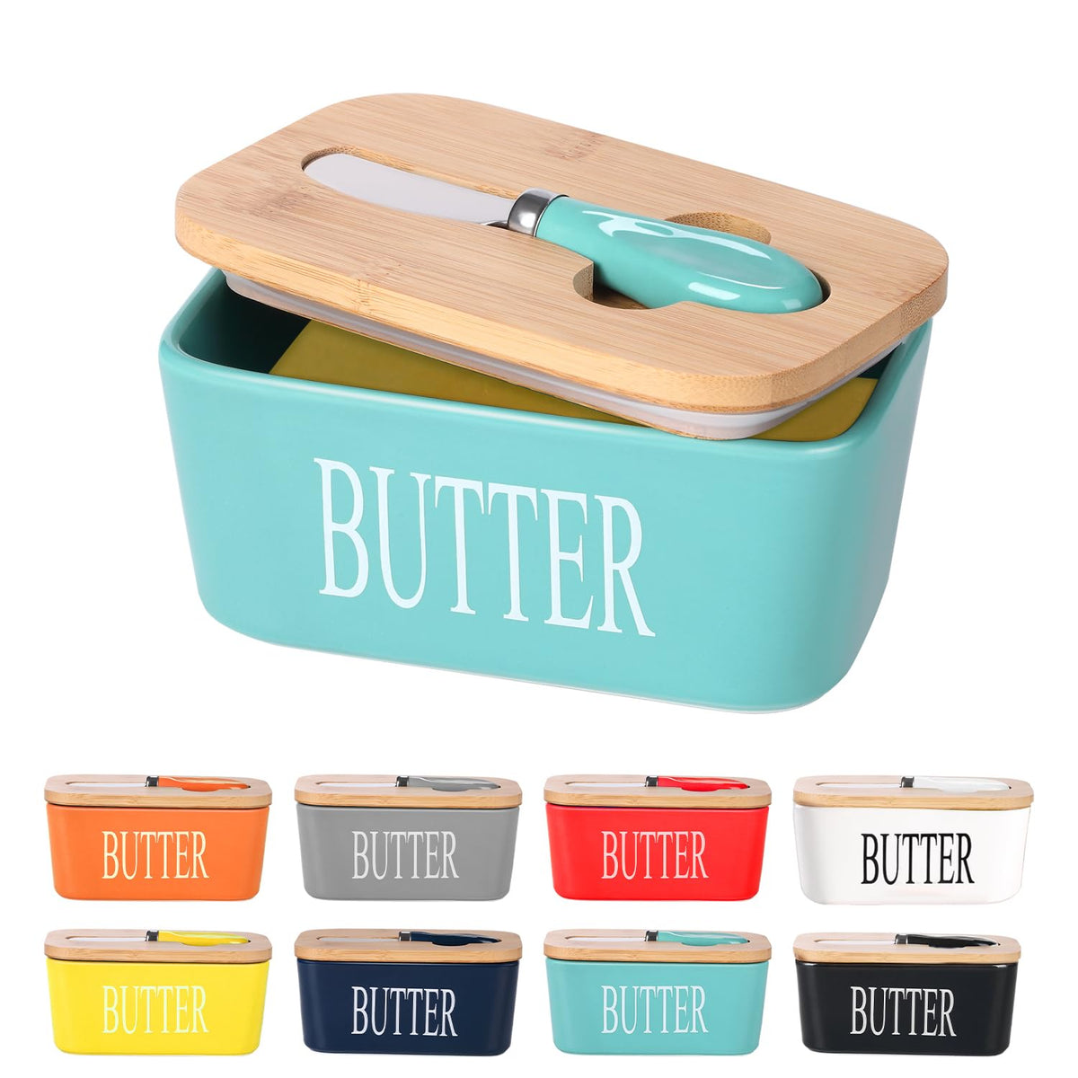 Lxmons ceramic butter dish with bamboo lid on counter, keeps butter fresh and ready to serve.