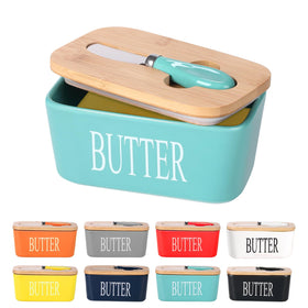 Lxmons ceramic butter dish with bamboo lid on counter, keeps butter fresh and ready to serve.