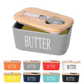 Lxmons ceramic butter dish with bamboo lid on a kitchen counter, keeps butter fresh.
