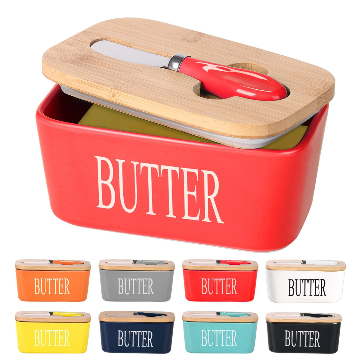 Lxmons ceramic butter dish with wooden lid in red, stylish countertop storage