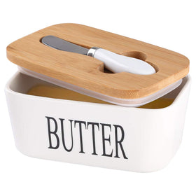 Lxmons ceramic butter dish with wooden lid keeps butter fresh on the counter.