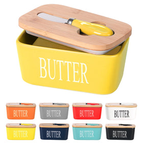 Lxmons ceramic butter dish with wooden lid on countertop keeps butter fresh.