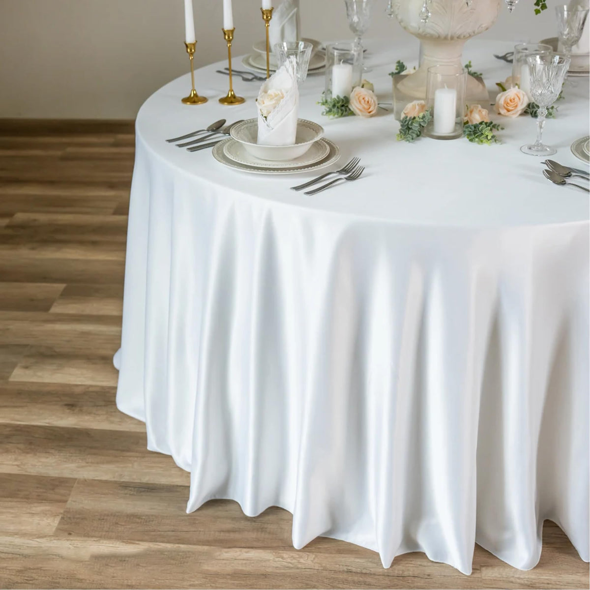 Lxztayuk 120-inch round tablecloth on a dining table setup.