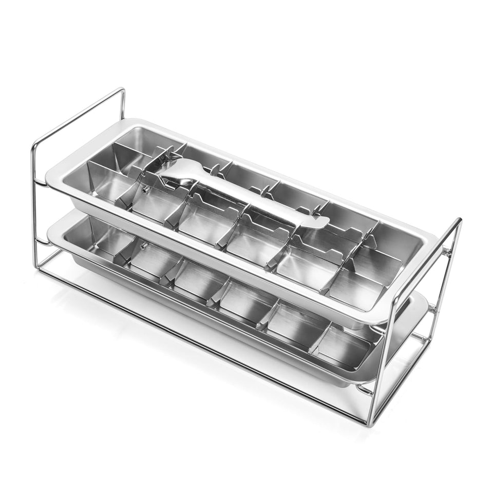 Lycss stainless steel ice cube tray with lever for easy release and large cubes.