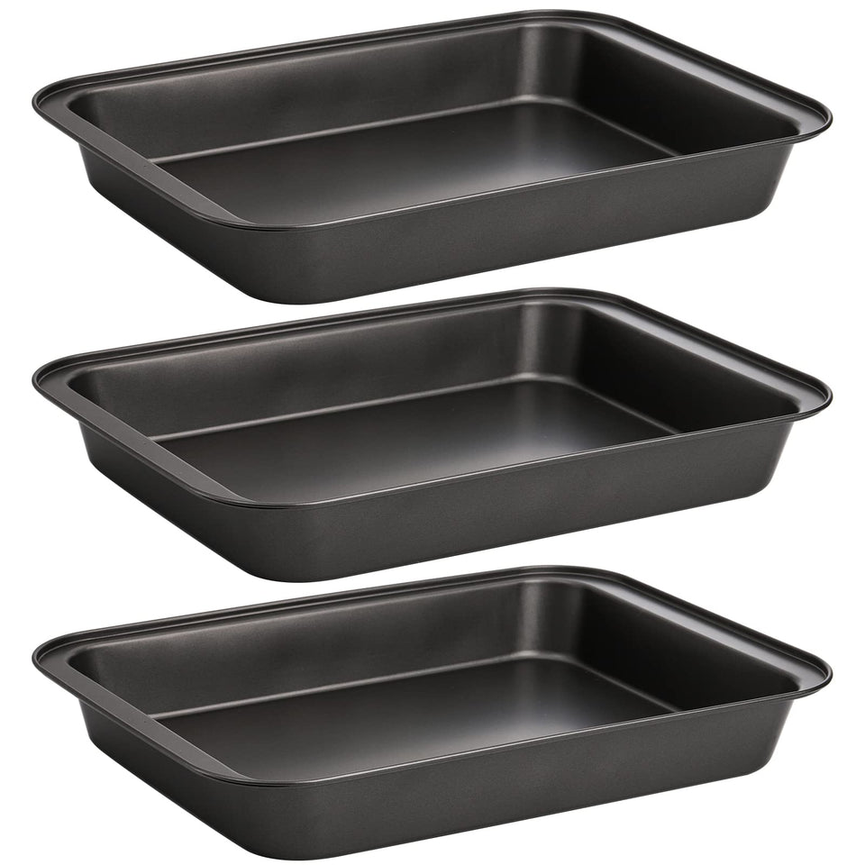 Lyellfe 3-pack rectangle baking pan with non-stick coating for easy food release.
